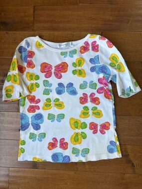 Women’s fresh produce White Short Sleeve Top with Multicolor Butterfly Print